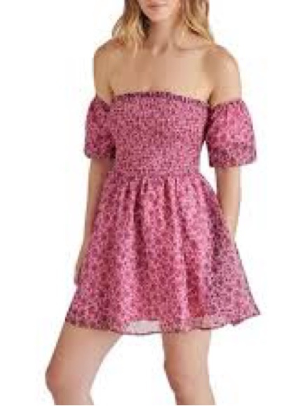 Betsey Johnson Pink Floral Off-Shoulder Smocked Dress